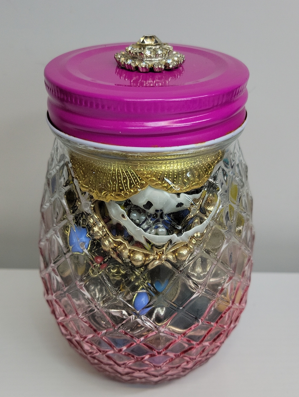 Decorative Pink Glass Jar with 70 Pairs Of Earrings